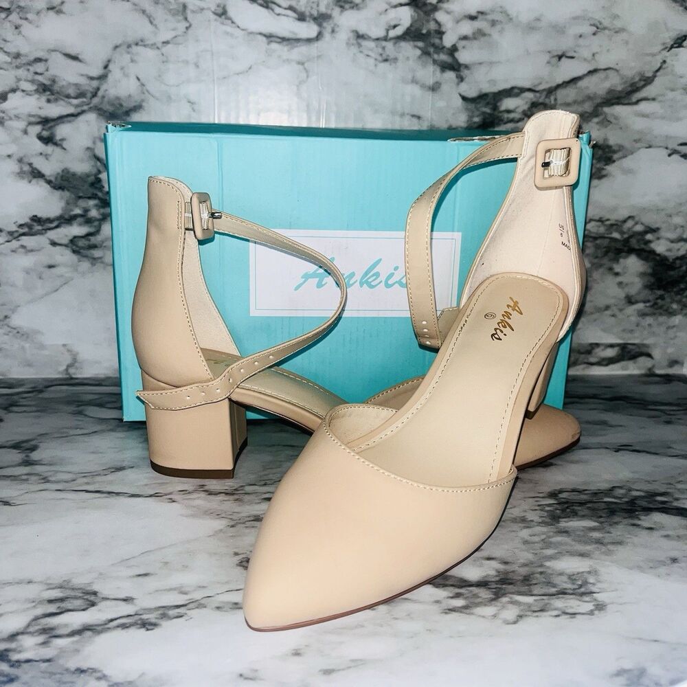 Ankis Nude Pumps Women Size 6 Pointed Toe 2.25” Block Heel Ankle Strap Box